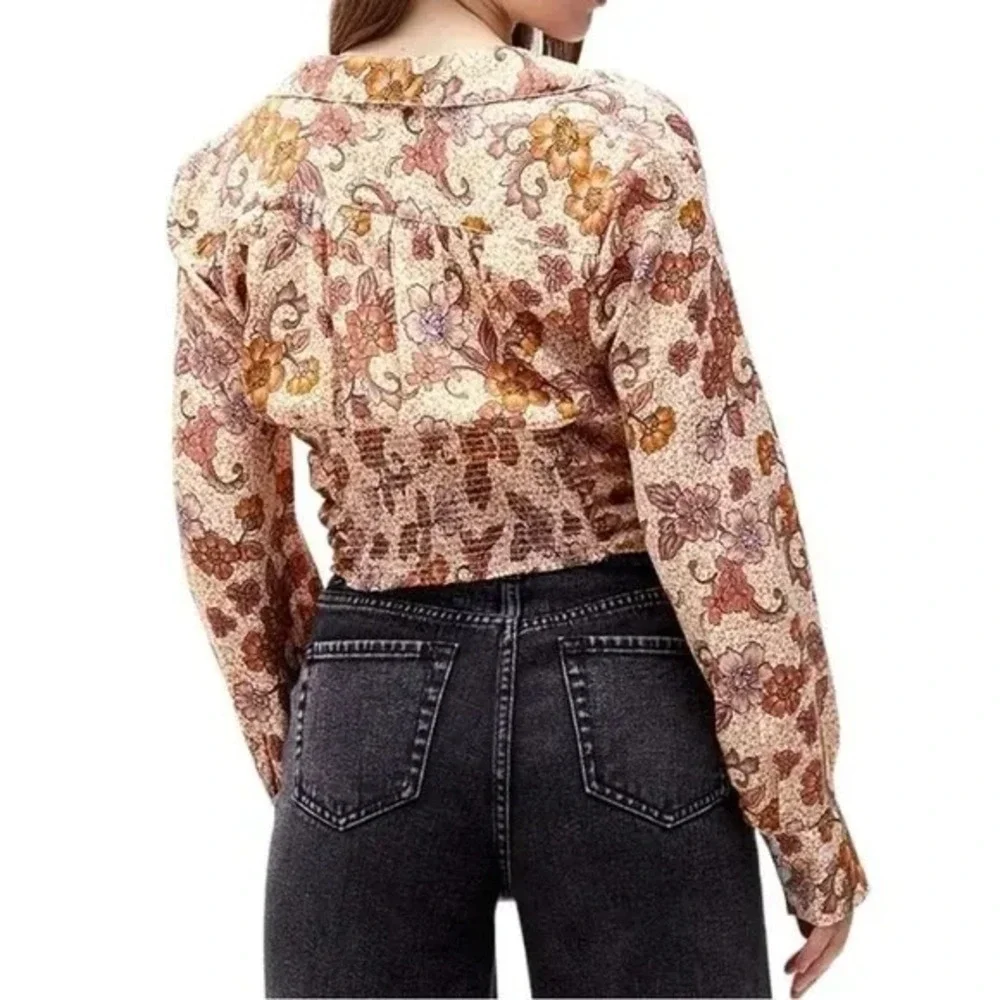 Free People I Got You Cropped Long Sleeve Floral‎ Tan Orange Fall Ruched Top